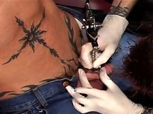 I bet Johnny Knoxville would love this episode. Montaz Morgan is ready to complete his tattoo work - on his cock! This is a real tattoo shot in real t